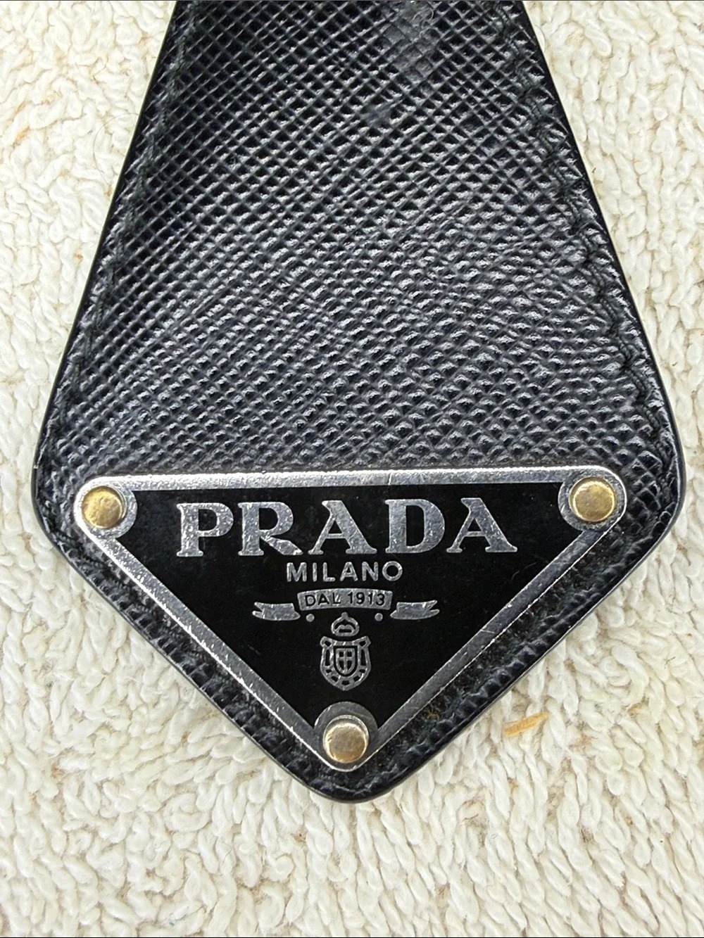 Prada Logo Plate Saffiano Leather Key Ring Bag Charm Black Italy
